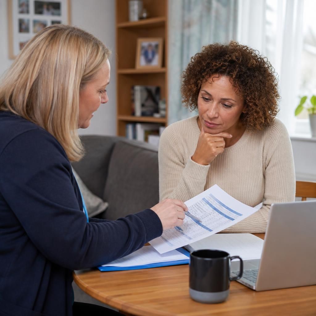 Foster carer reviewing a written payment breakdown with a social worker