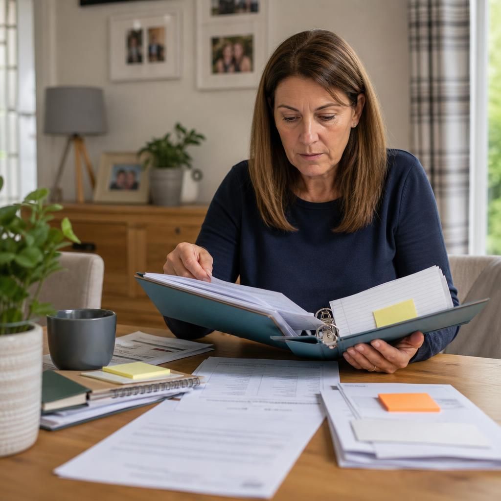 Foster carer organising household paperwork in a folder