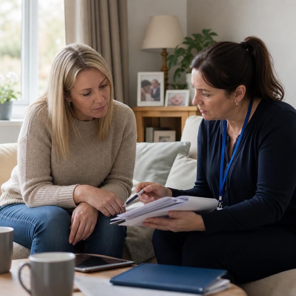Foster carer discussing a home assessment with a social worker