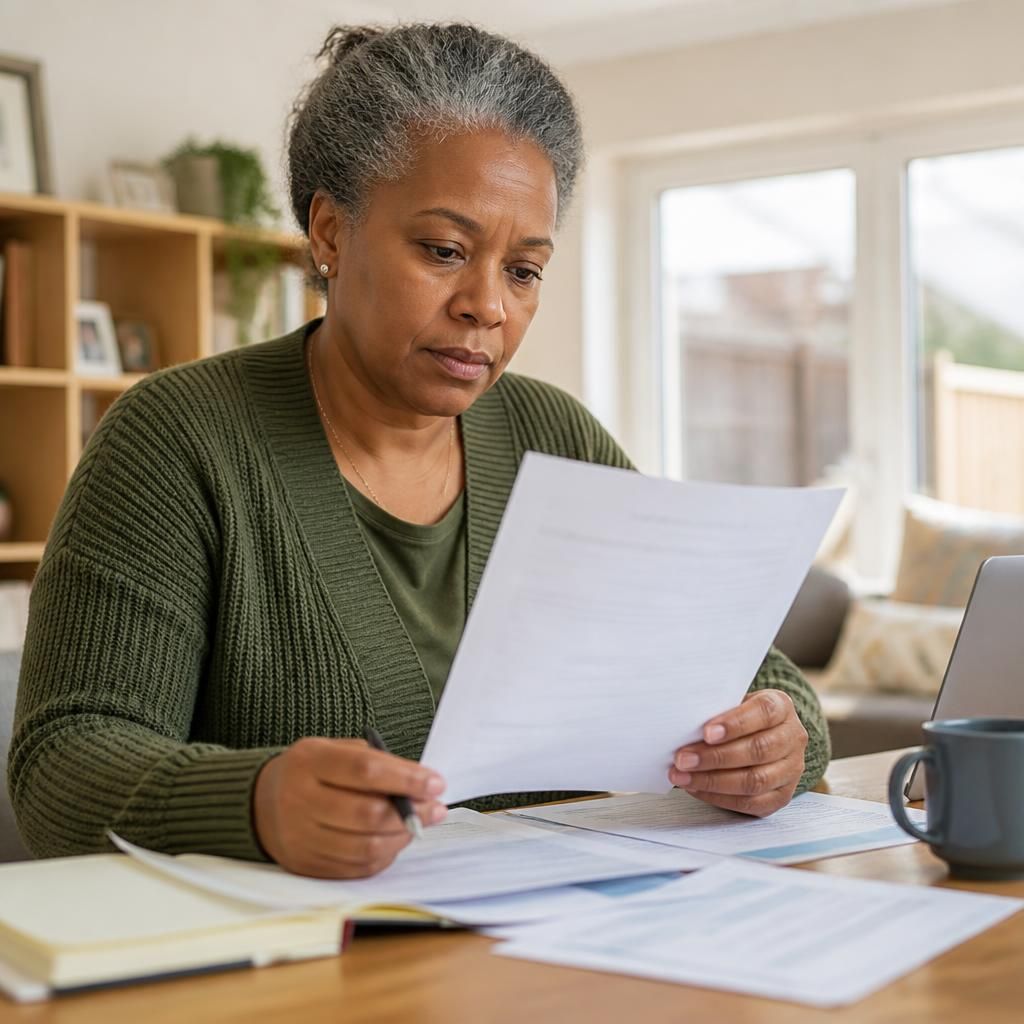 Kinship carer reviewing fostering allowance paperwork at home