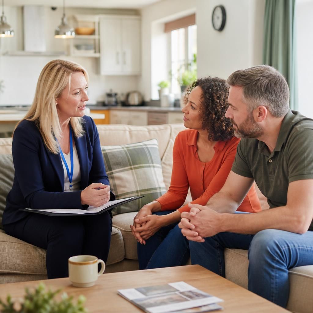 Prospective foster carer discussing household arrangements with a social worker