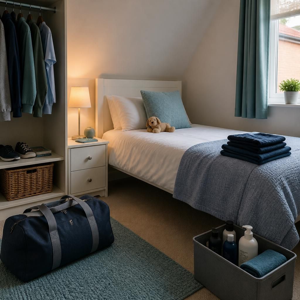 A prepared bedroom with clean bedding, clothing and toiletries ready for a child