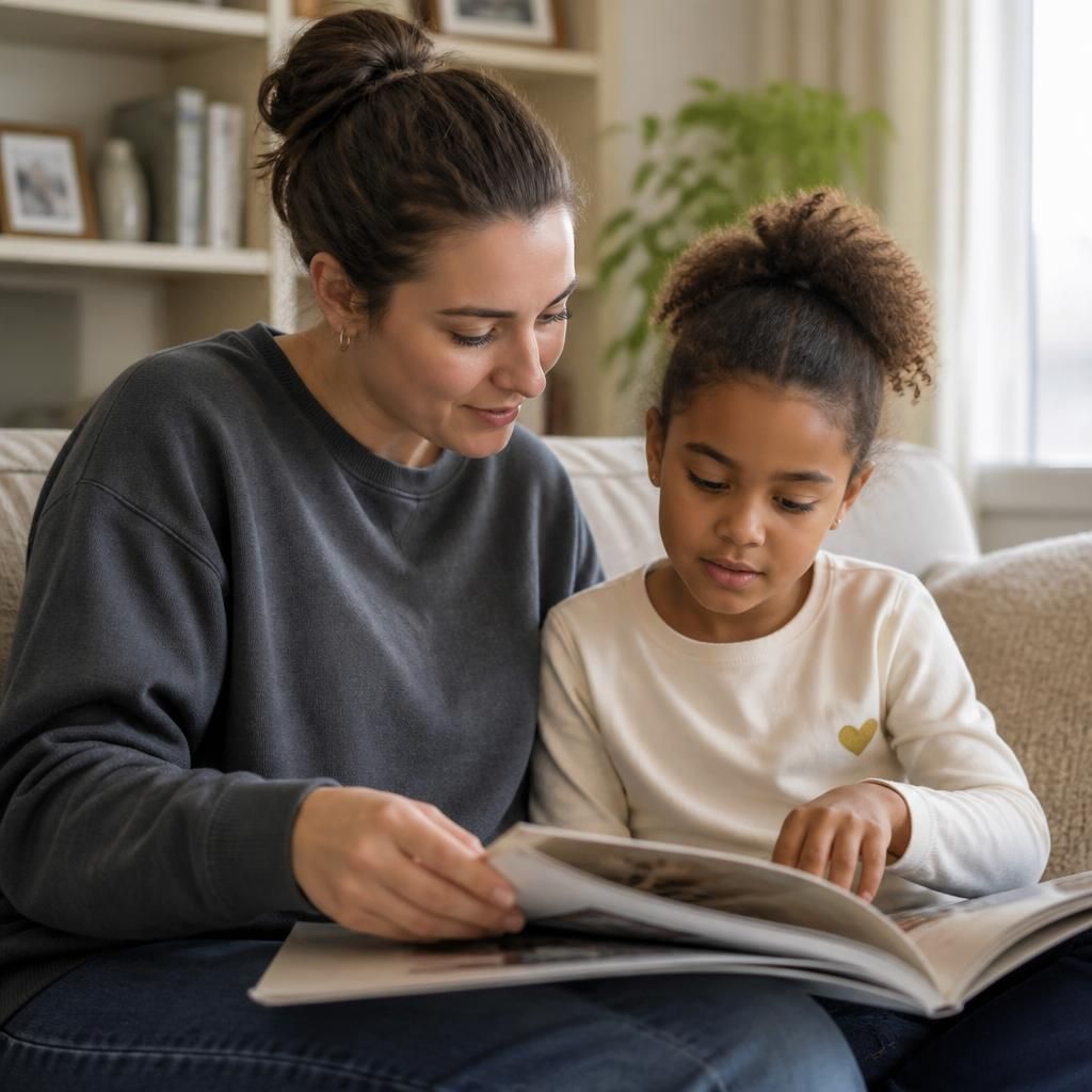 Foster carer and child looking at books in a home setting