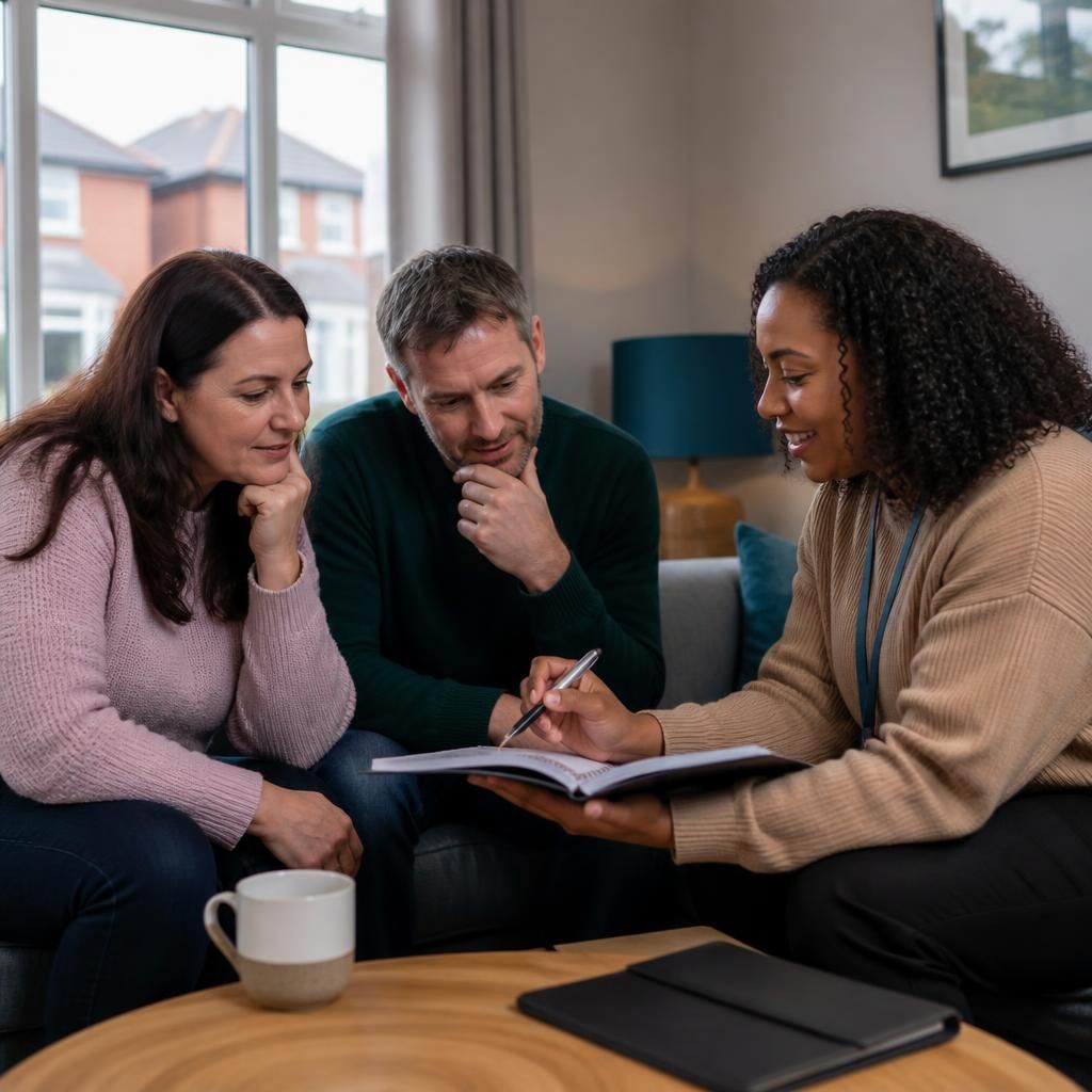 Foster carers and a support worker reviewing notes together