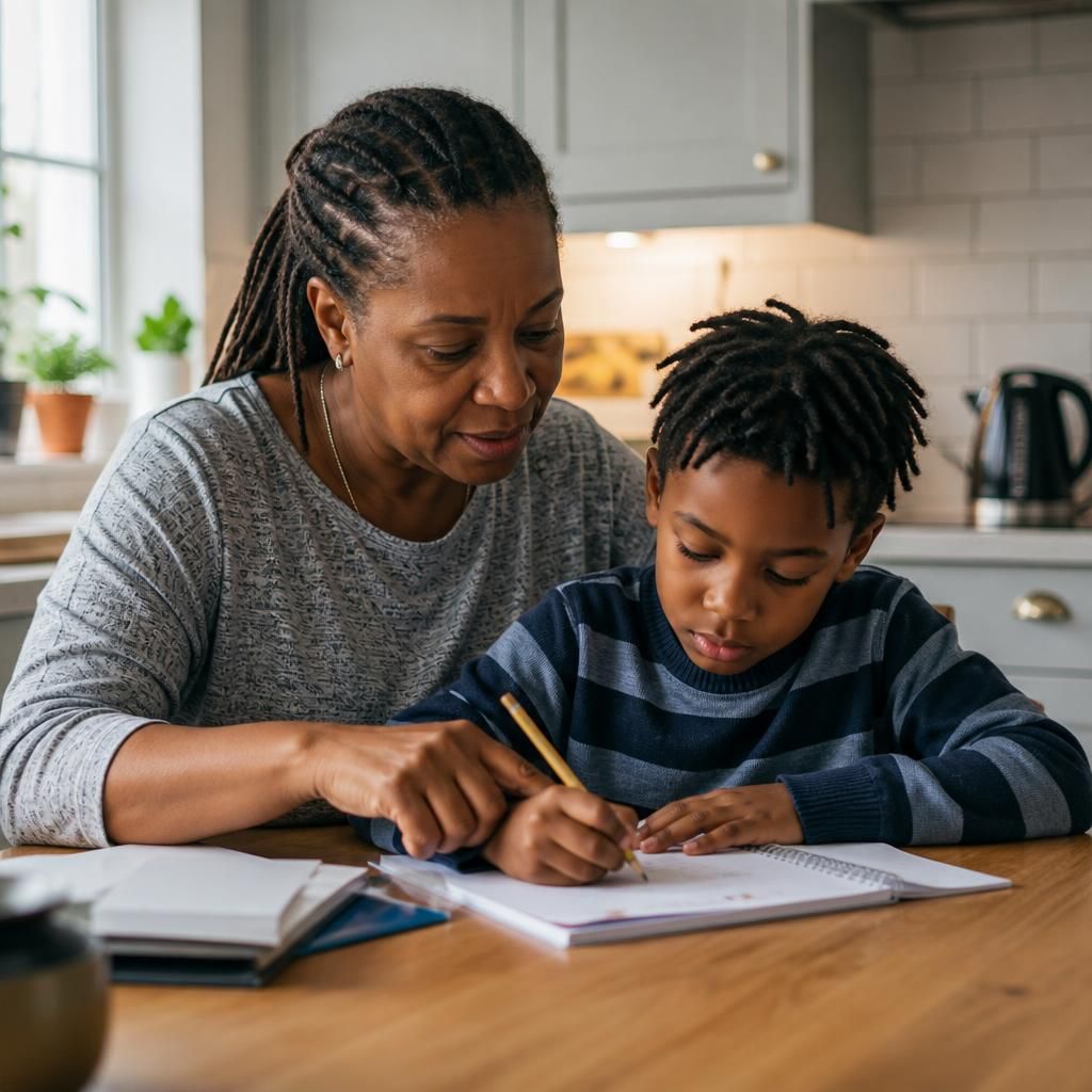 Relative helping a child with homework at a kitchen table