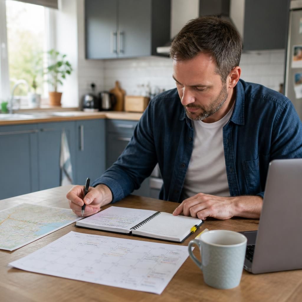 Foster carer checking a work travel schedule alongside a family calendar