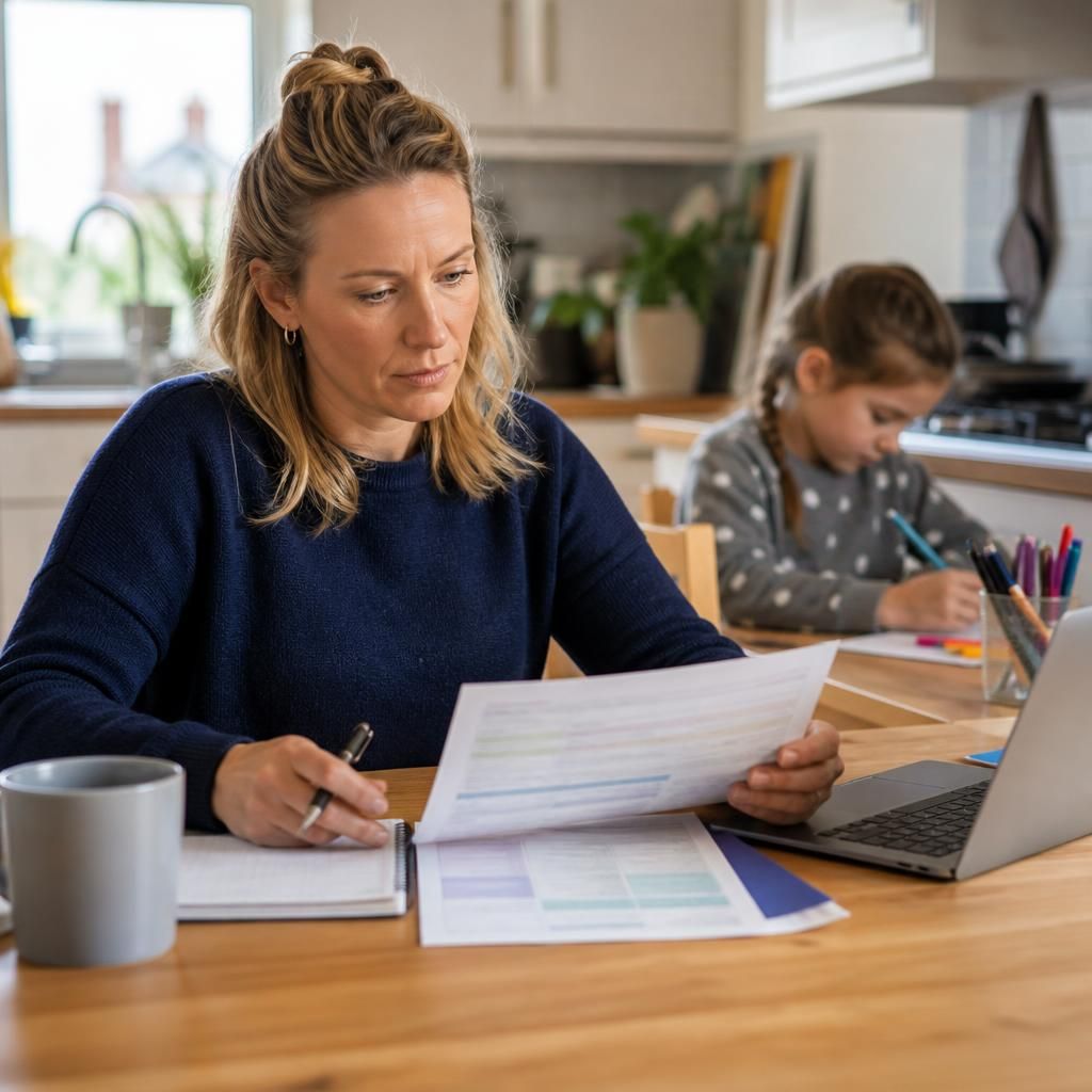 Foster carer reviewing work and childcare arrangements at a kitchen table