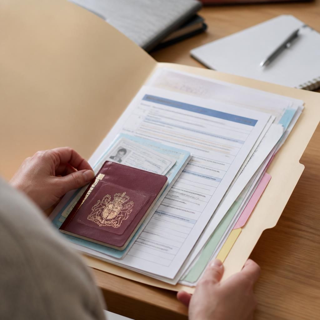 Folder containing identity documents, application forms and supporting paperwork