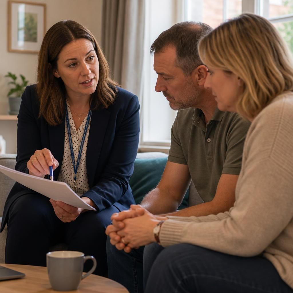 Foster applicant discussing a written plan with an assessing social worker