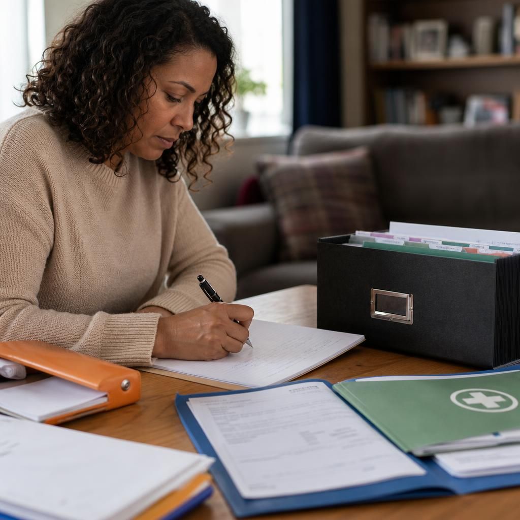 Foster carer writing notes in a secure care record beside school and medical documents