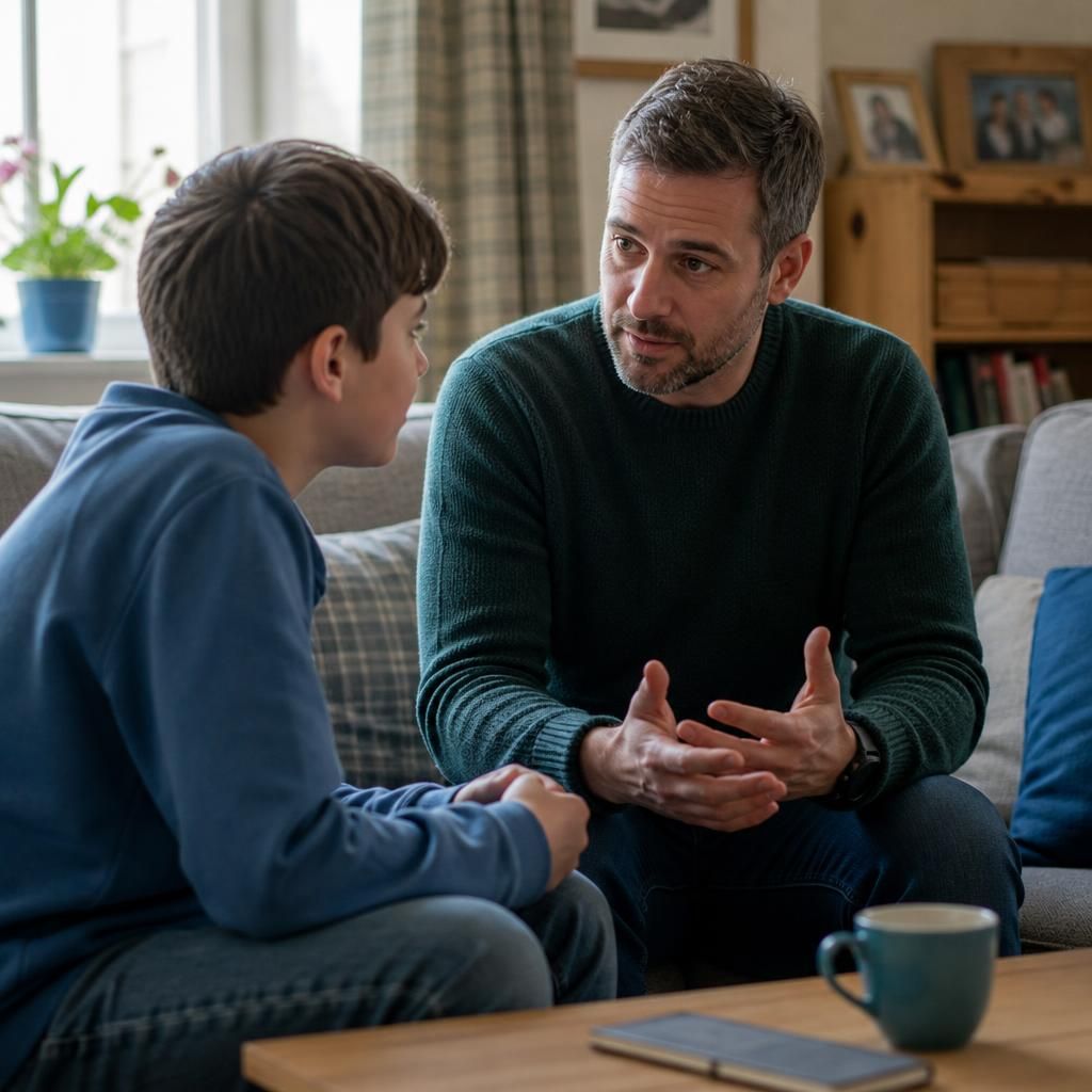 Foster carer talking with a child in a comfortable home setting