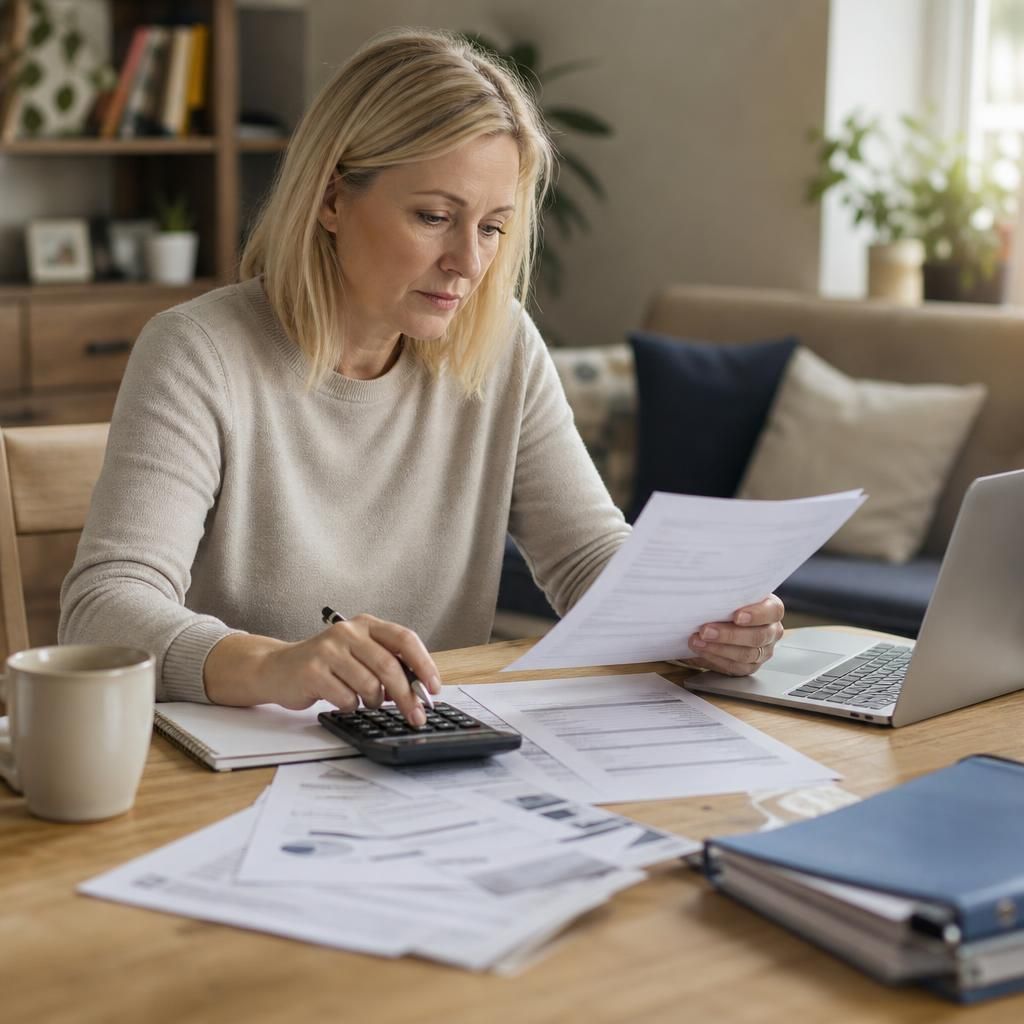 Foster carer reviewing pension documents and household finances