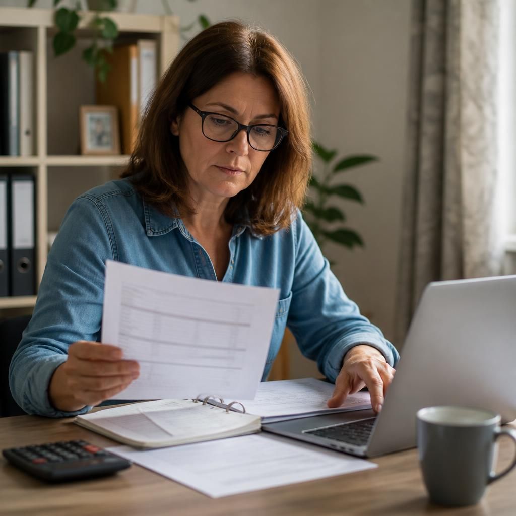 Foster carer reviewing a payment statement and placement records at a desk