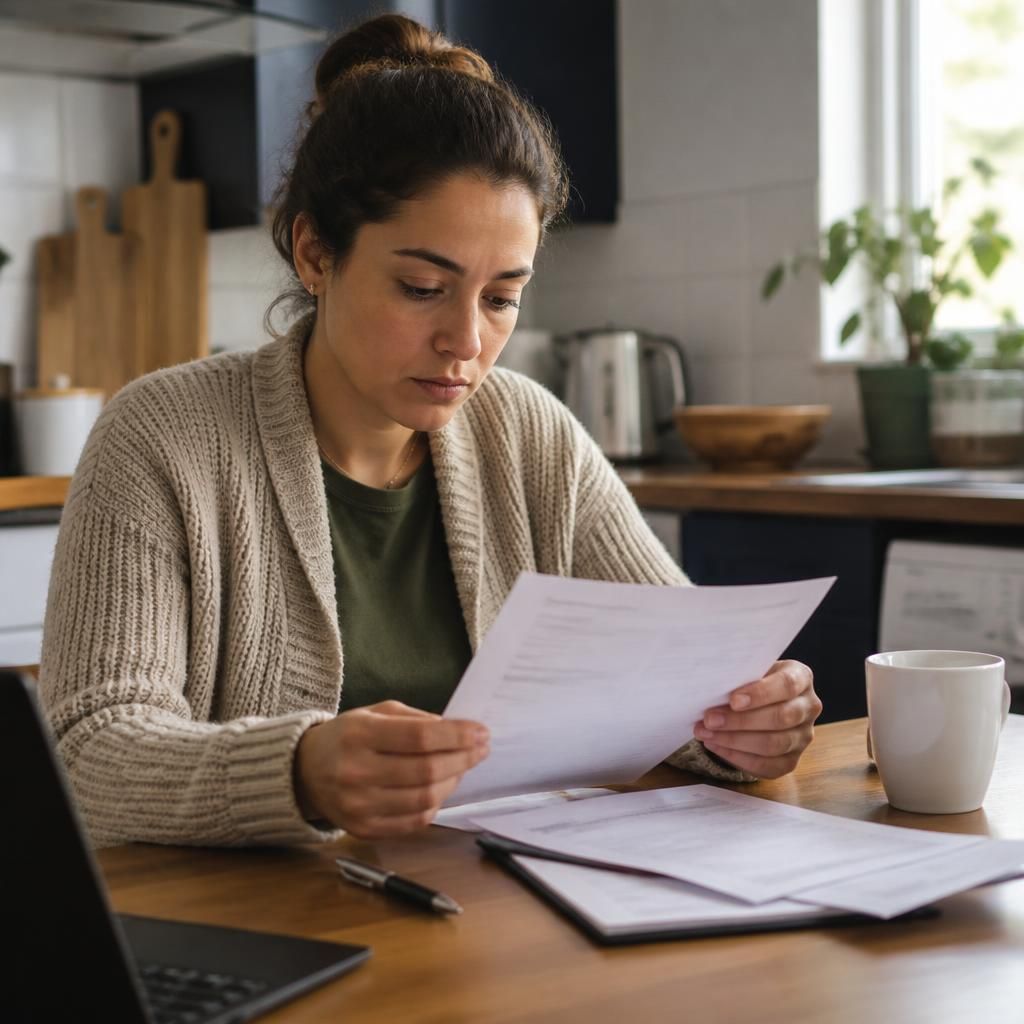 Tenant reviewing a rental agreement at a kitchen table