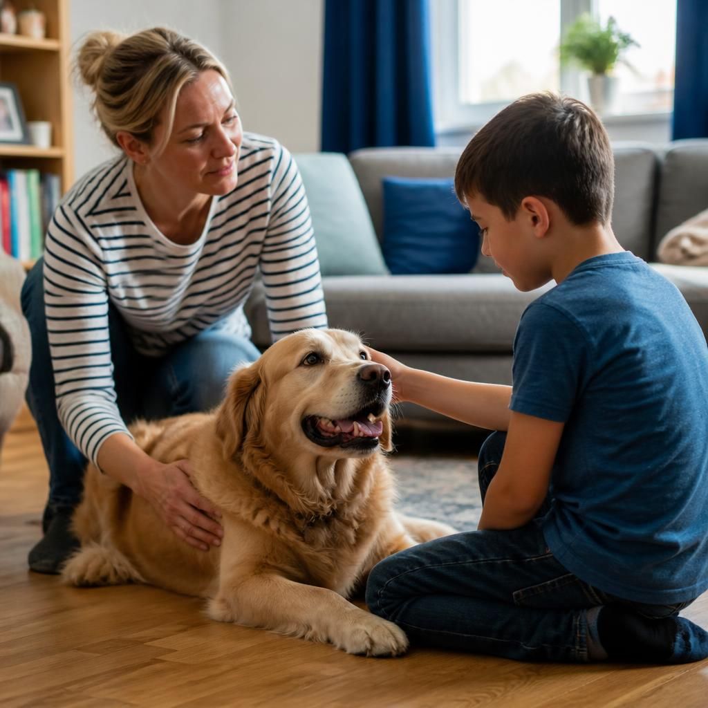 Foster carer supervising a child near a family dog