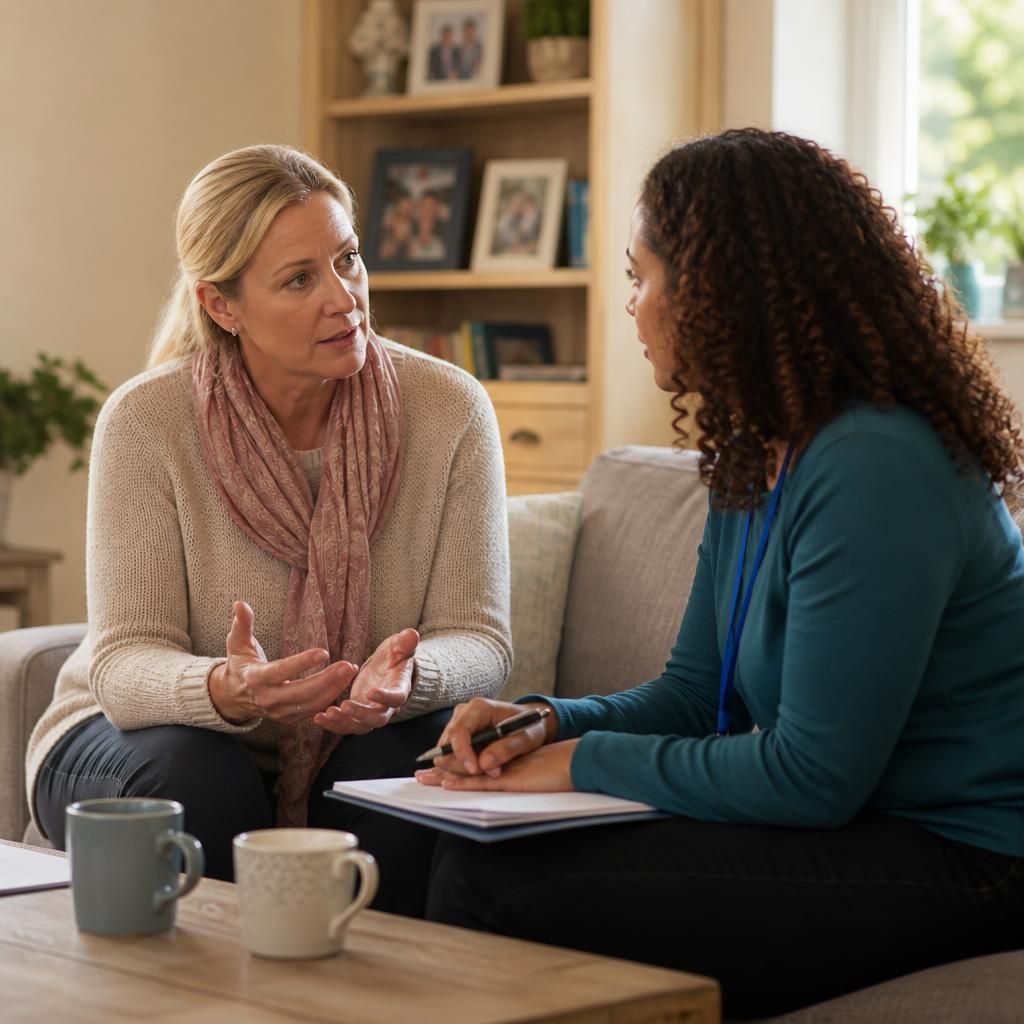 Foster carer and social worker discussing a child's move to a new home