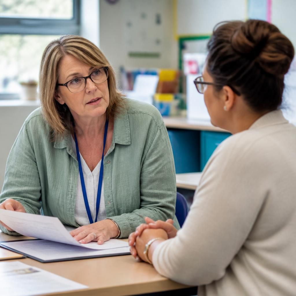 Kinship carer speaking with a teacher during a school meeting