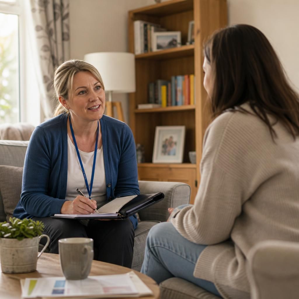 Foster carer speaking with an assessor during a home visit