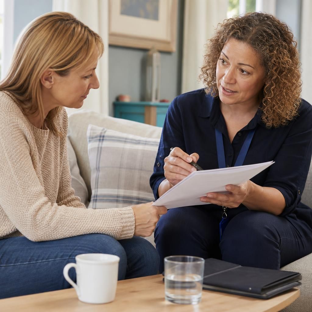 Prospective foster carer discussing paperwork with a supervising social worker