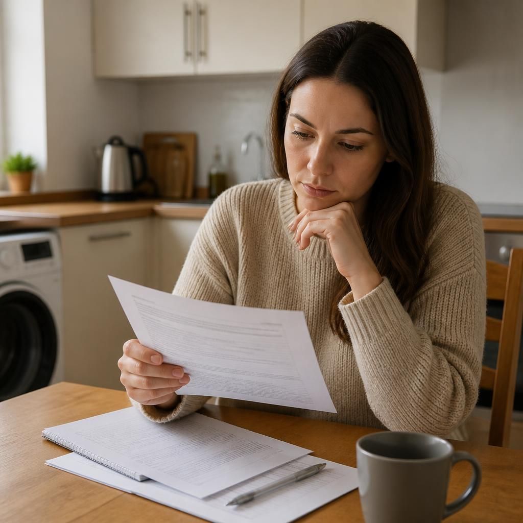 Tenant reviewing a rental agreement at a kitchen table