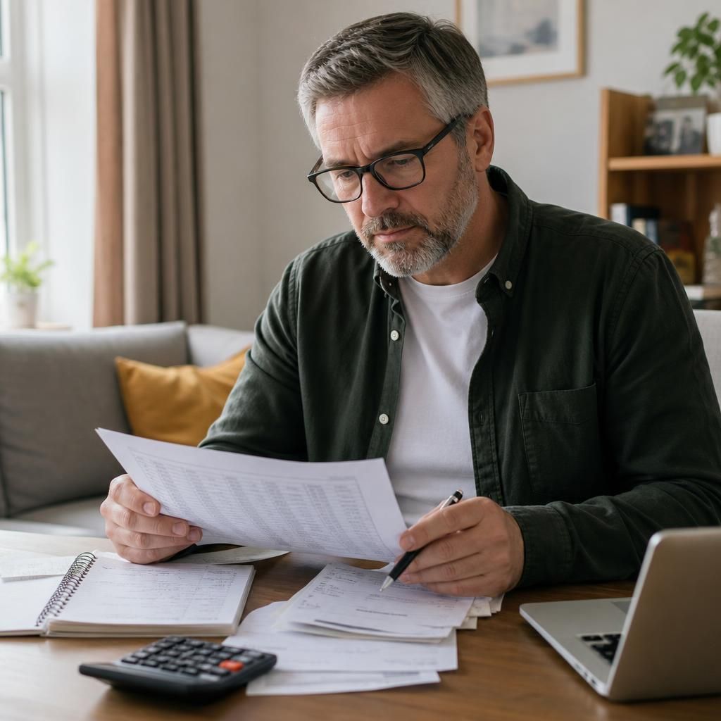 Foster carer reviewing fostering payment records and tax paperwork at a desk