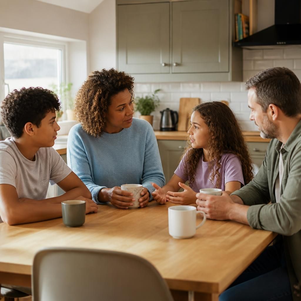 Family members talking together around a kitchen table
