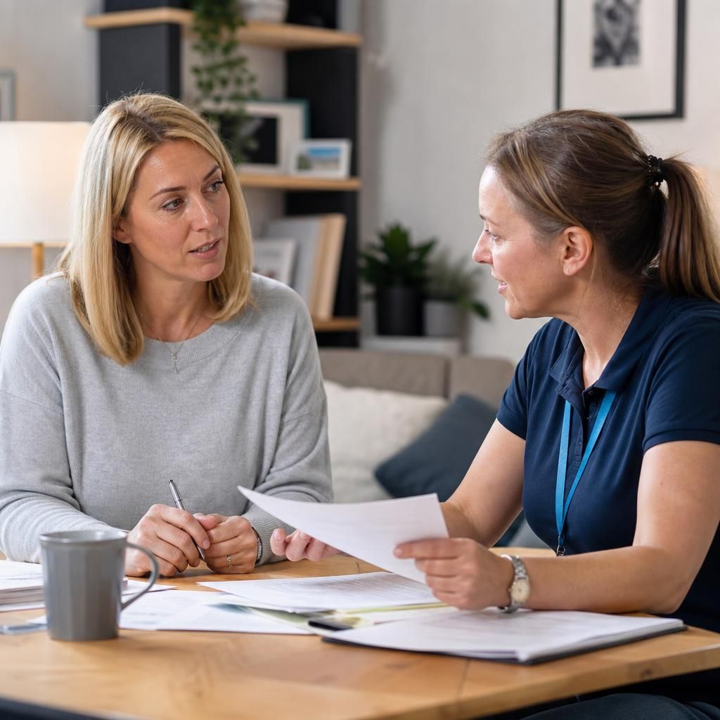 Foster carer discussing a financial review with a local fostering team member