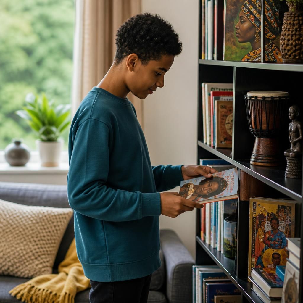 Young person choosing culturally familiar books and artwork in a residential care setting