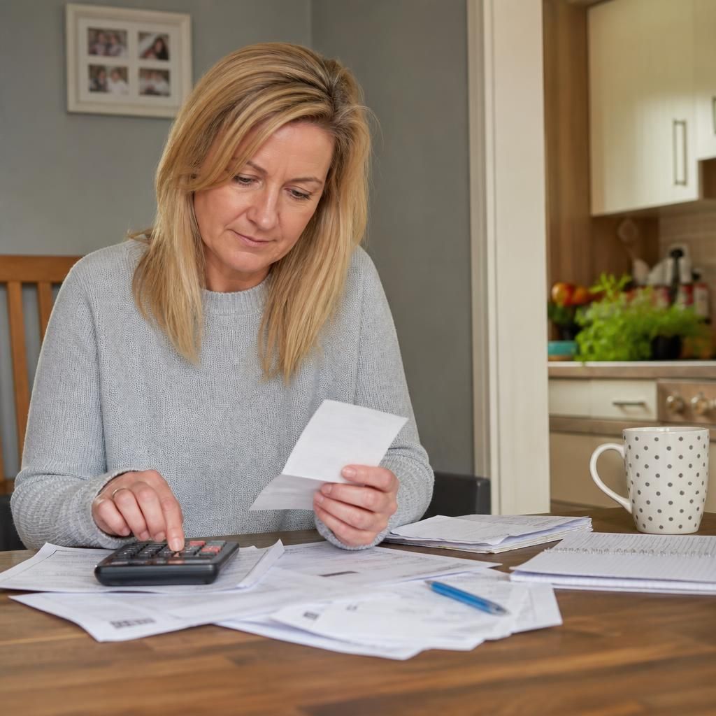Foster carer reviewing household finances at a table