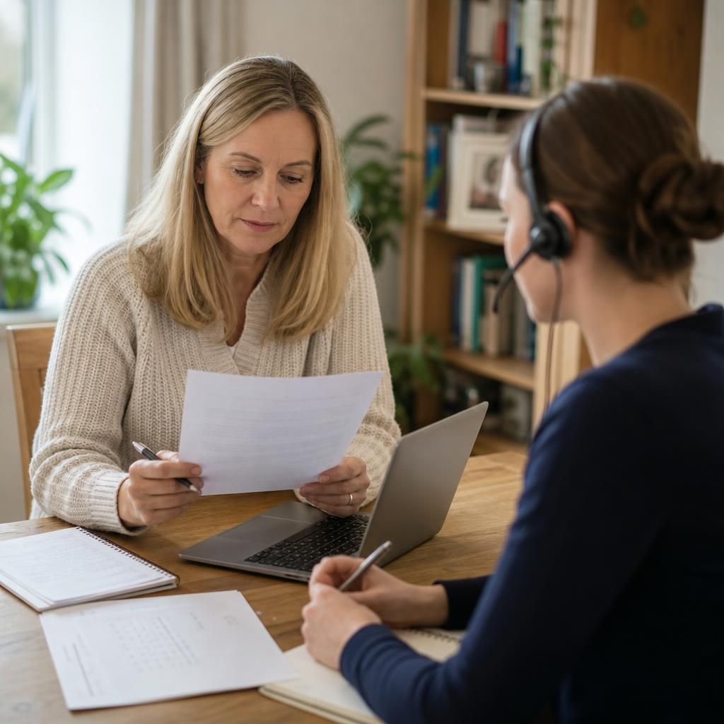 Foster carer reviewing allowance documents with a helpline adviser
