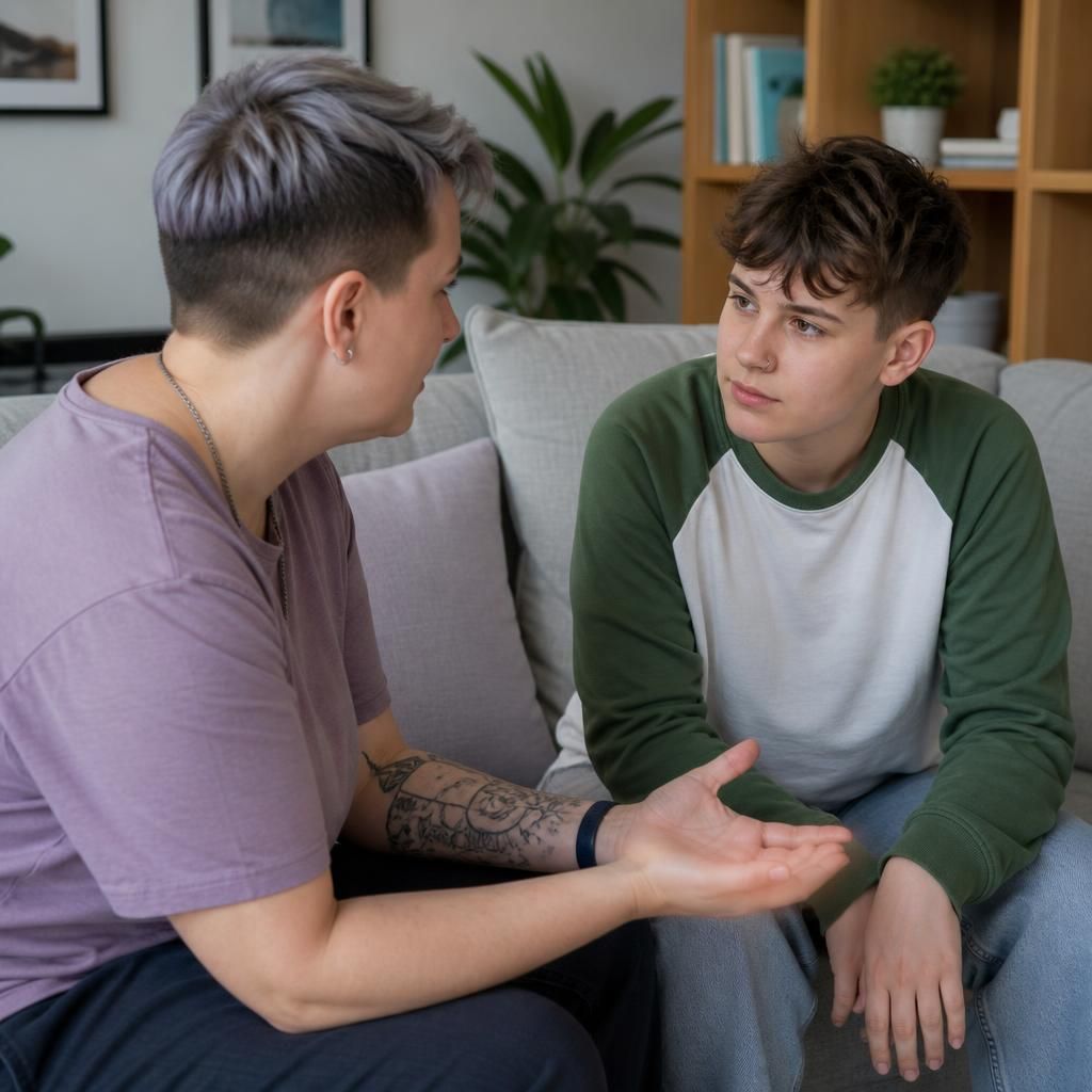 Foster carer discussing identity with a young person at home