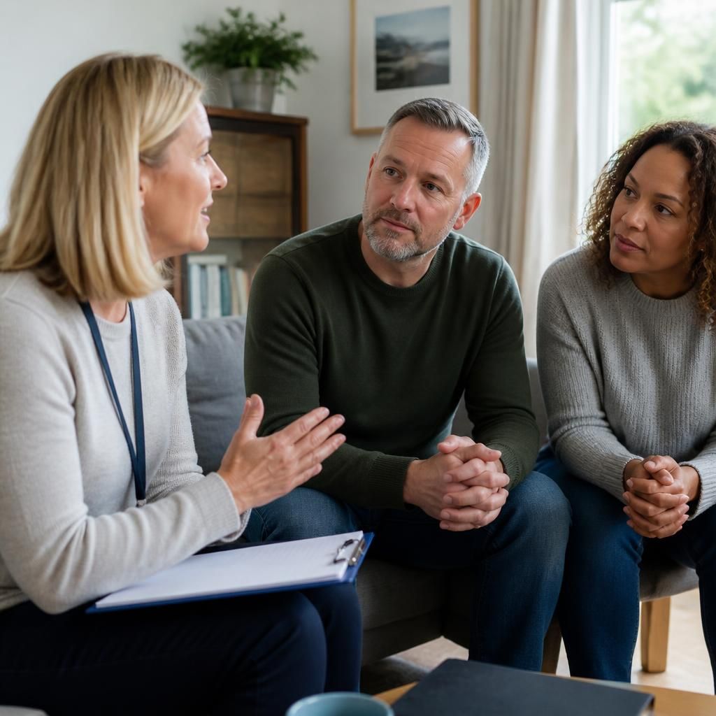 Foster carers discussing a training exercise with a professional