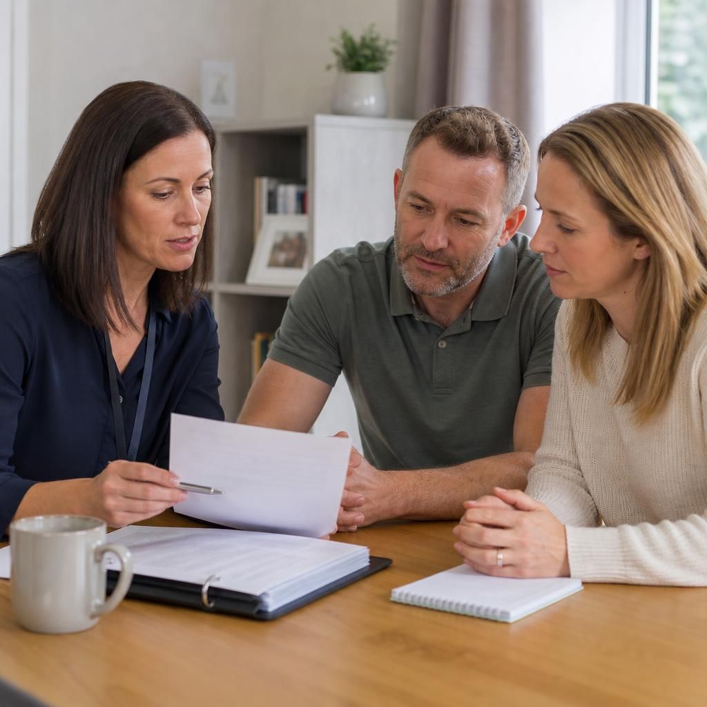 Social worker and prospective foster carers reviewing a child's care information together