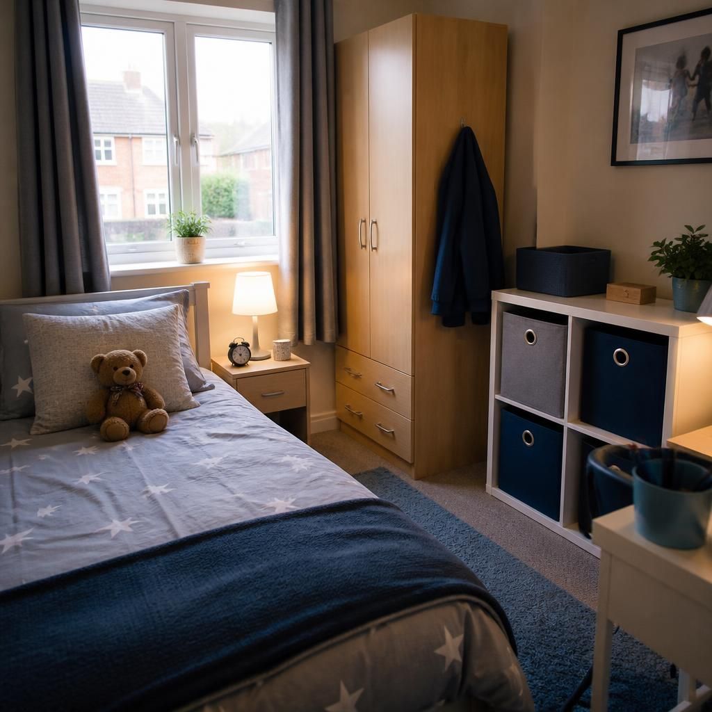 Foster child’s private bedroom with a bed, wardrobe and personal storage