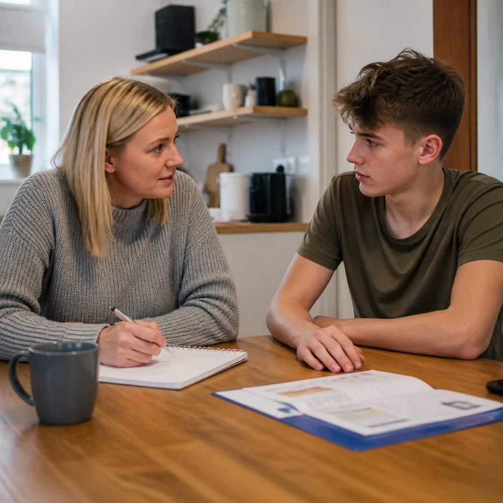 Foster carer and teenager discussing household rules at a table