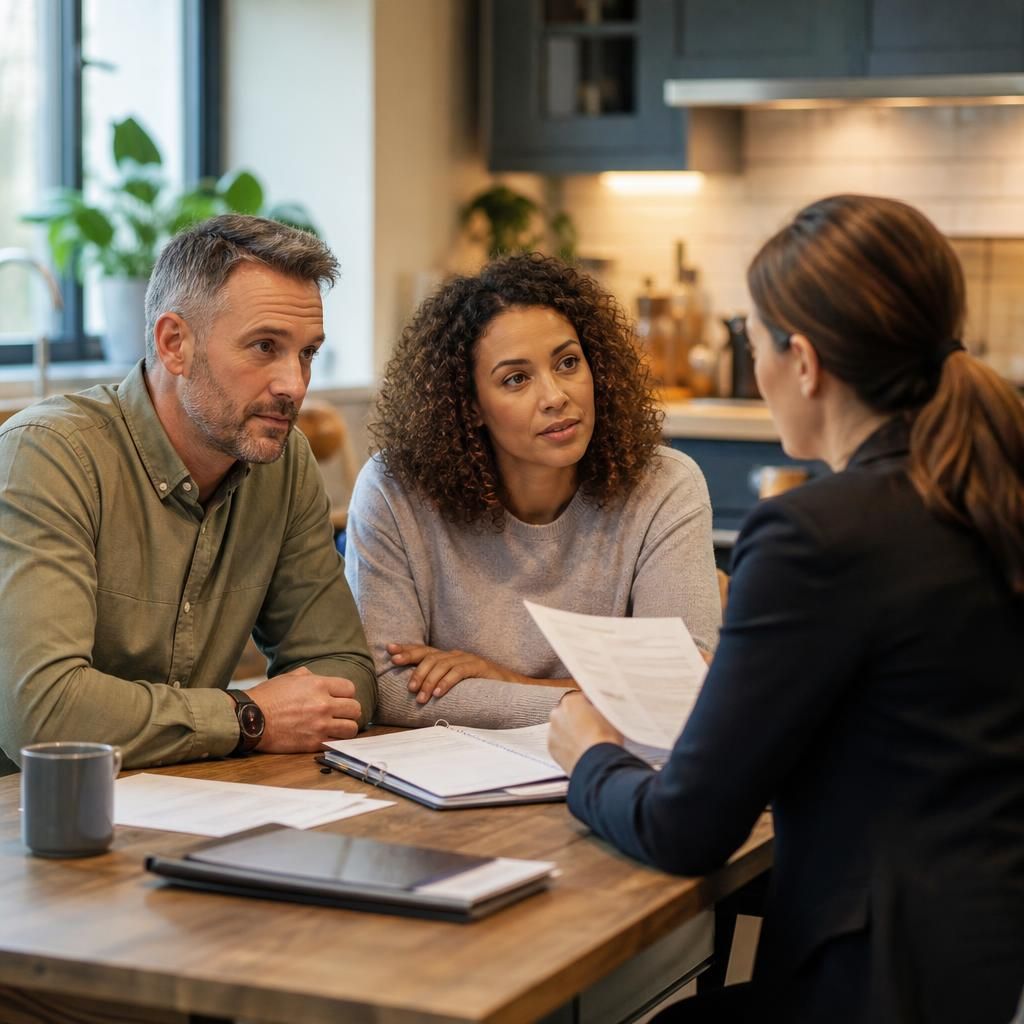 Foster carers discussing placement information with a social worker at a kitchen table