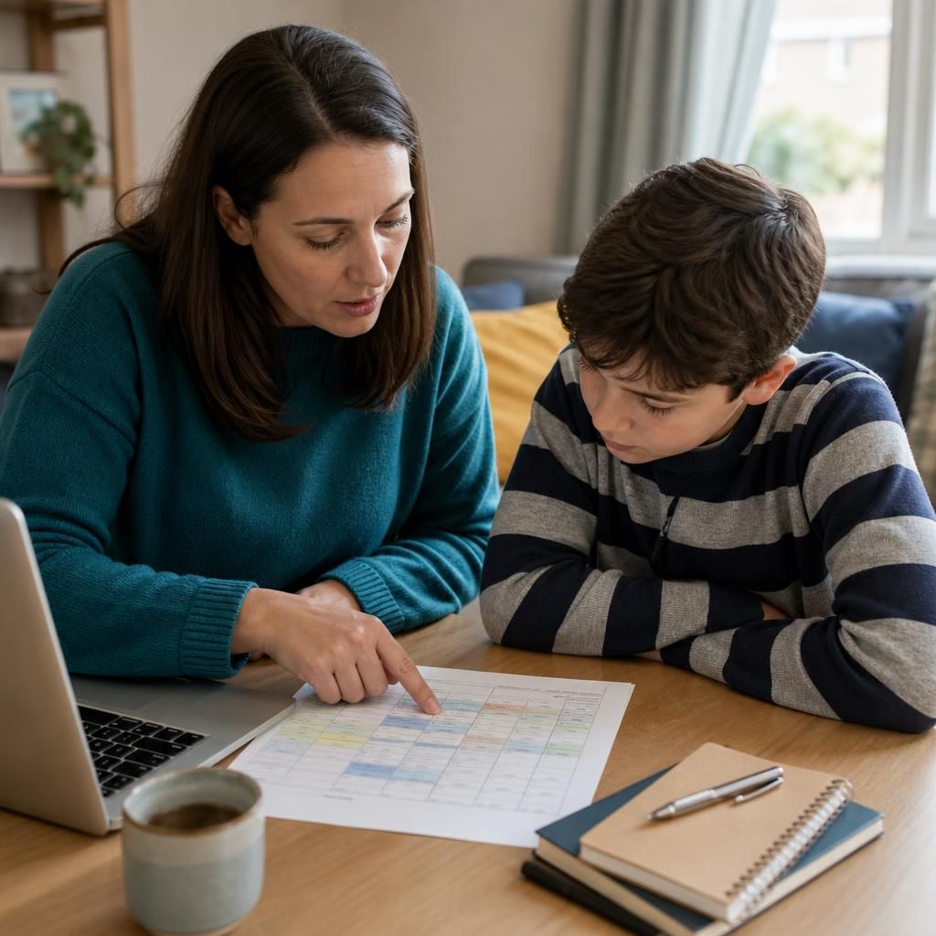 Foster carer reviewing a work timetable with a child at home