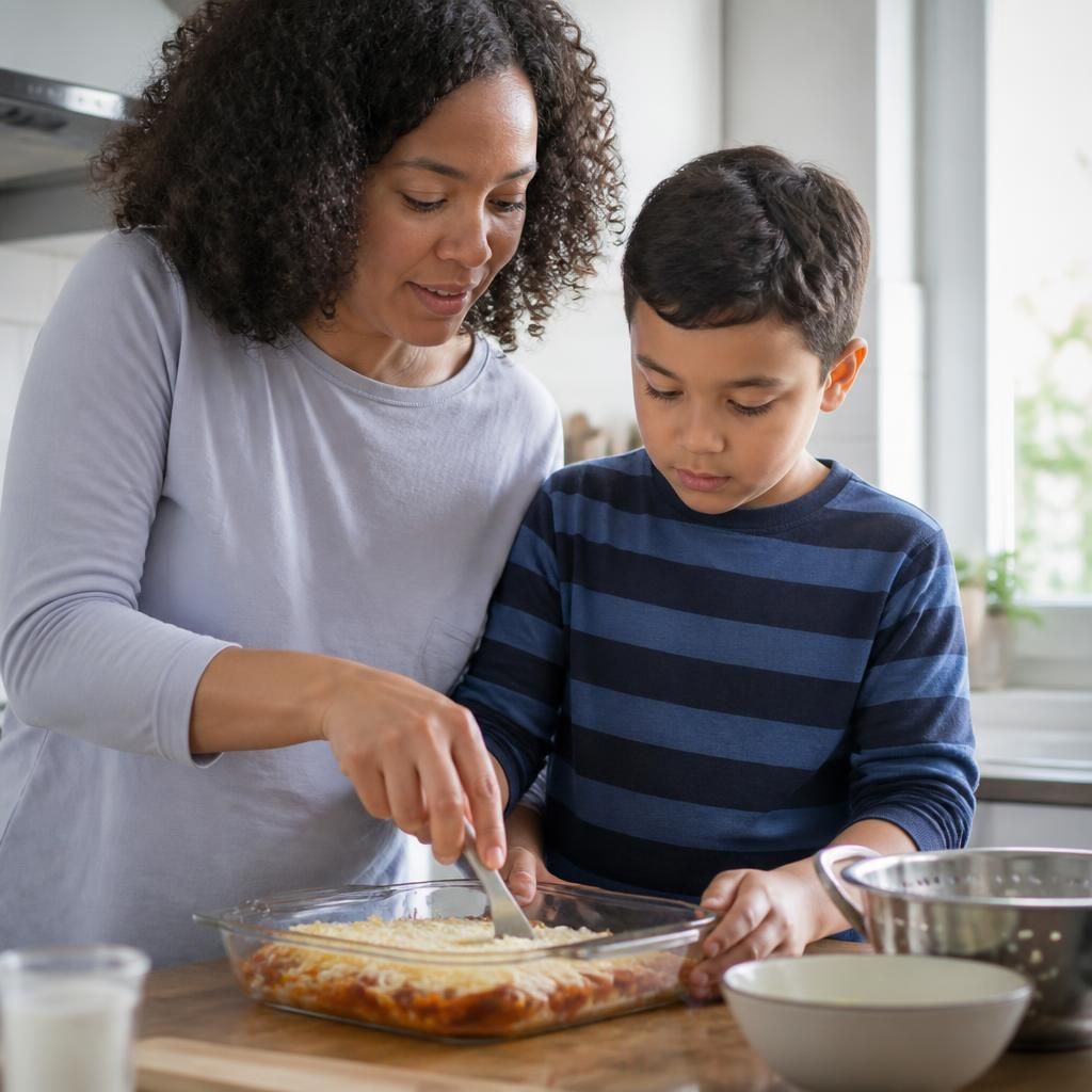Carer and child working together on a household task