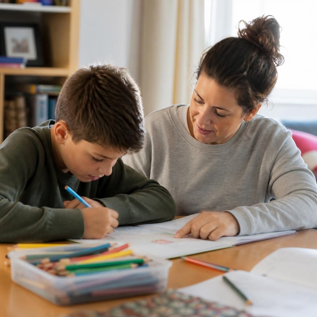 Foster carer helping a child with a creative activity at home