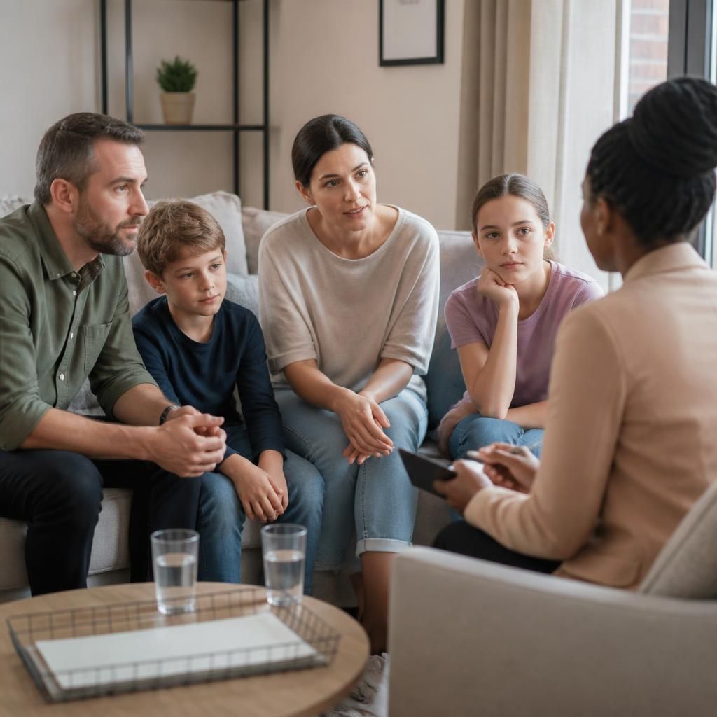 Family members discussing household arrangements with a social worker