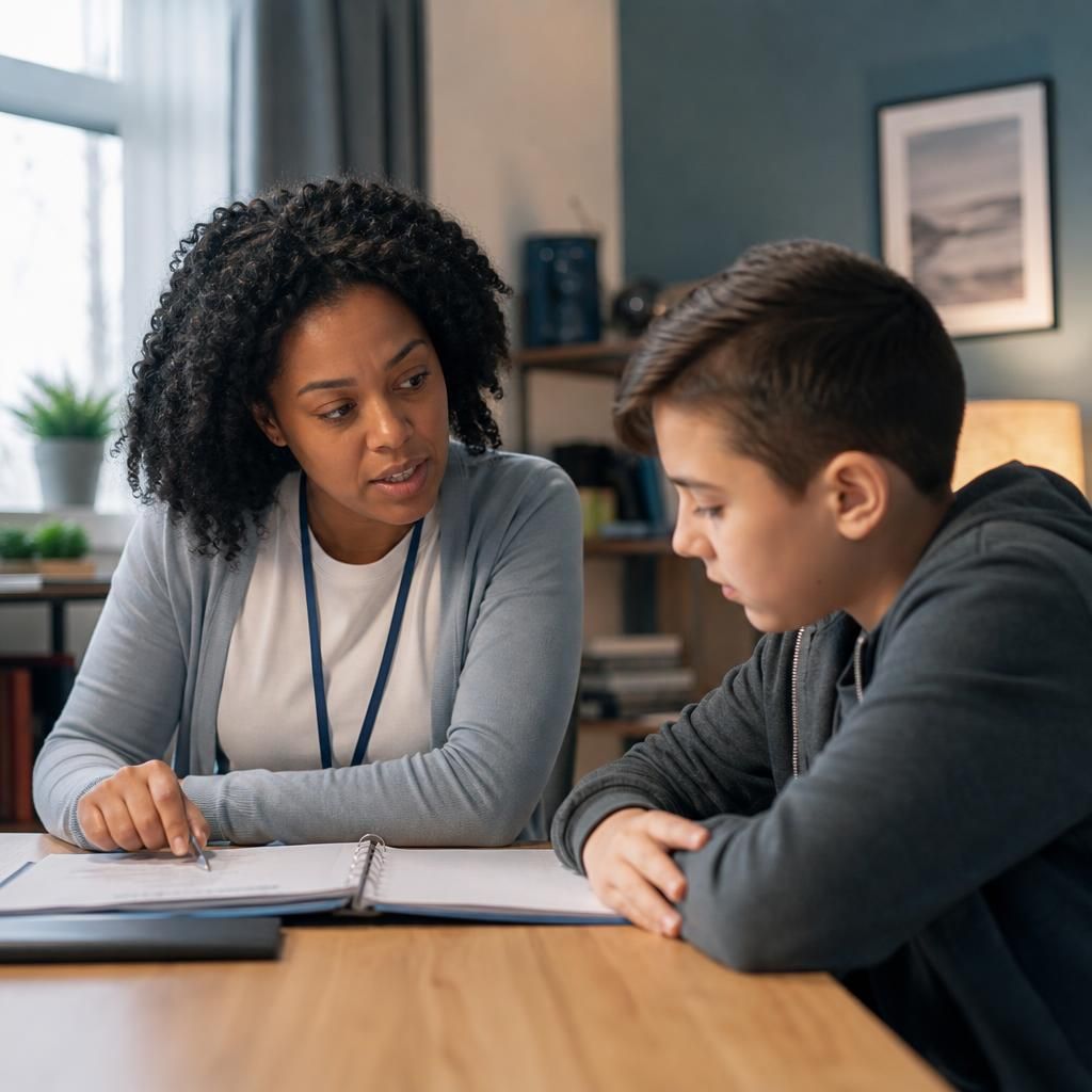 Residential care worker reviewing a child’s health plan with them