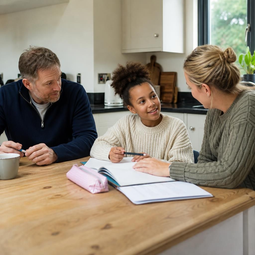 Foster carers and a child discussing plans together at a kitchen table
