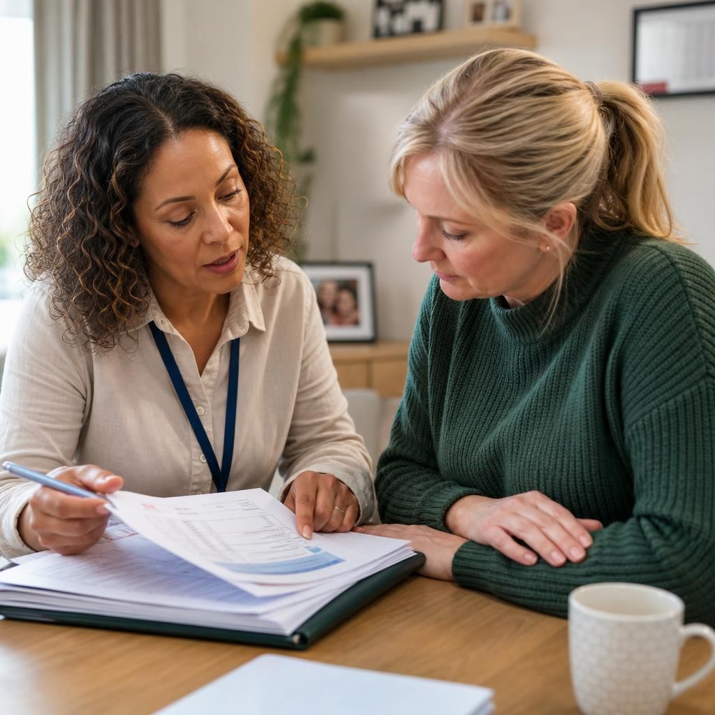 Social worker and foster carer reviewing a child's care records