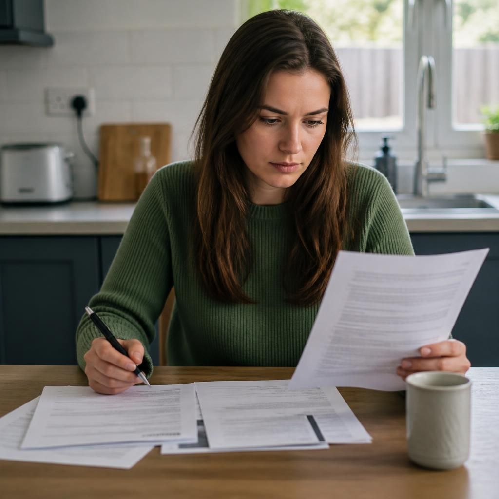 Tenant reviewing a tenancy agreement at a kitchen table