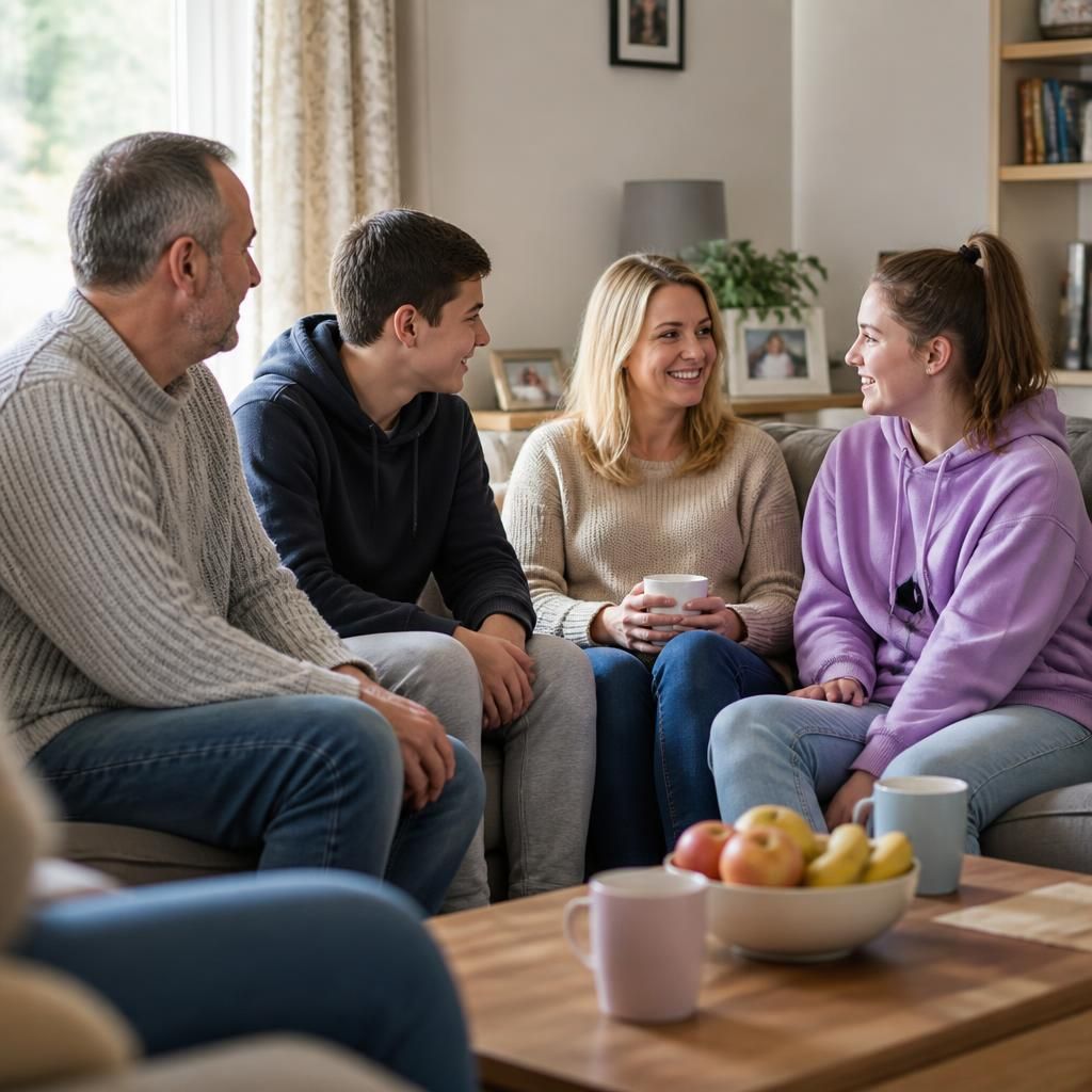 Foster family spending time together in a comfortable living room