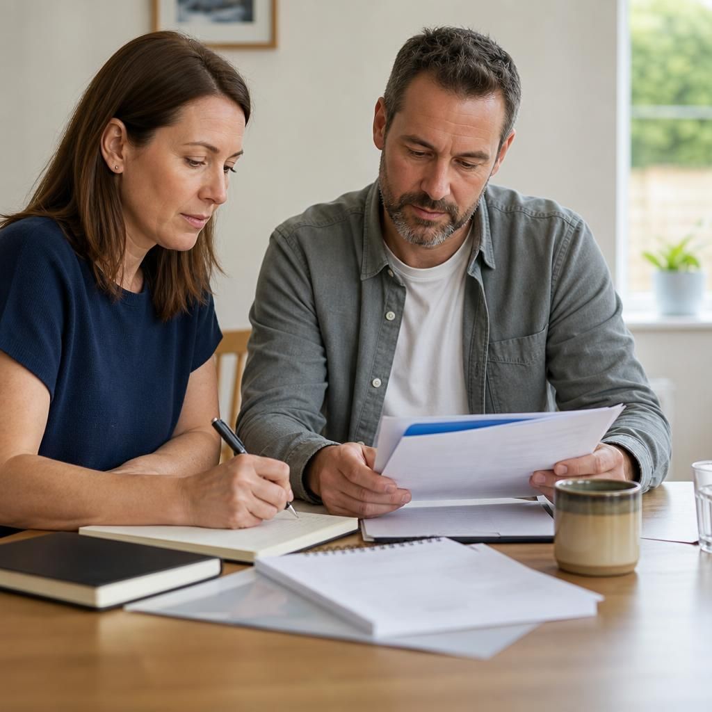 Foster carers reviewing training materials and making notes at a table
