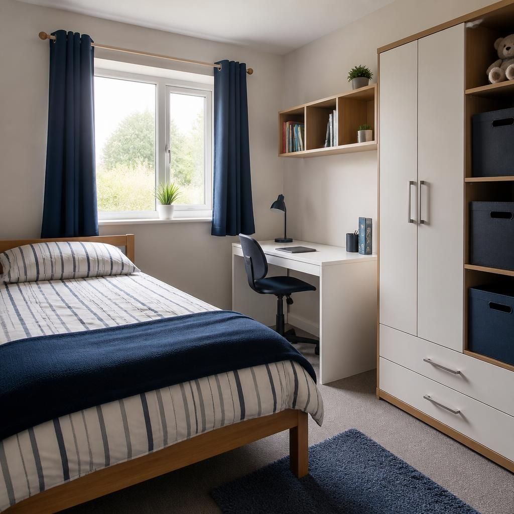 Tidy bedroom with a single bed, desk, wardrobe and storage space