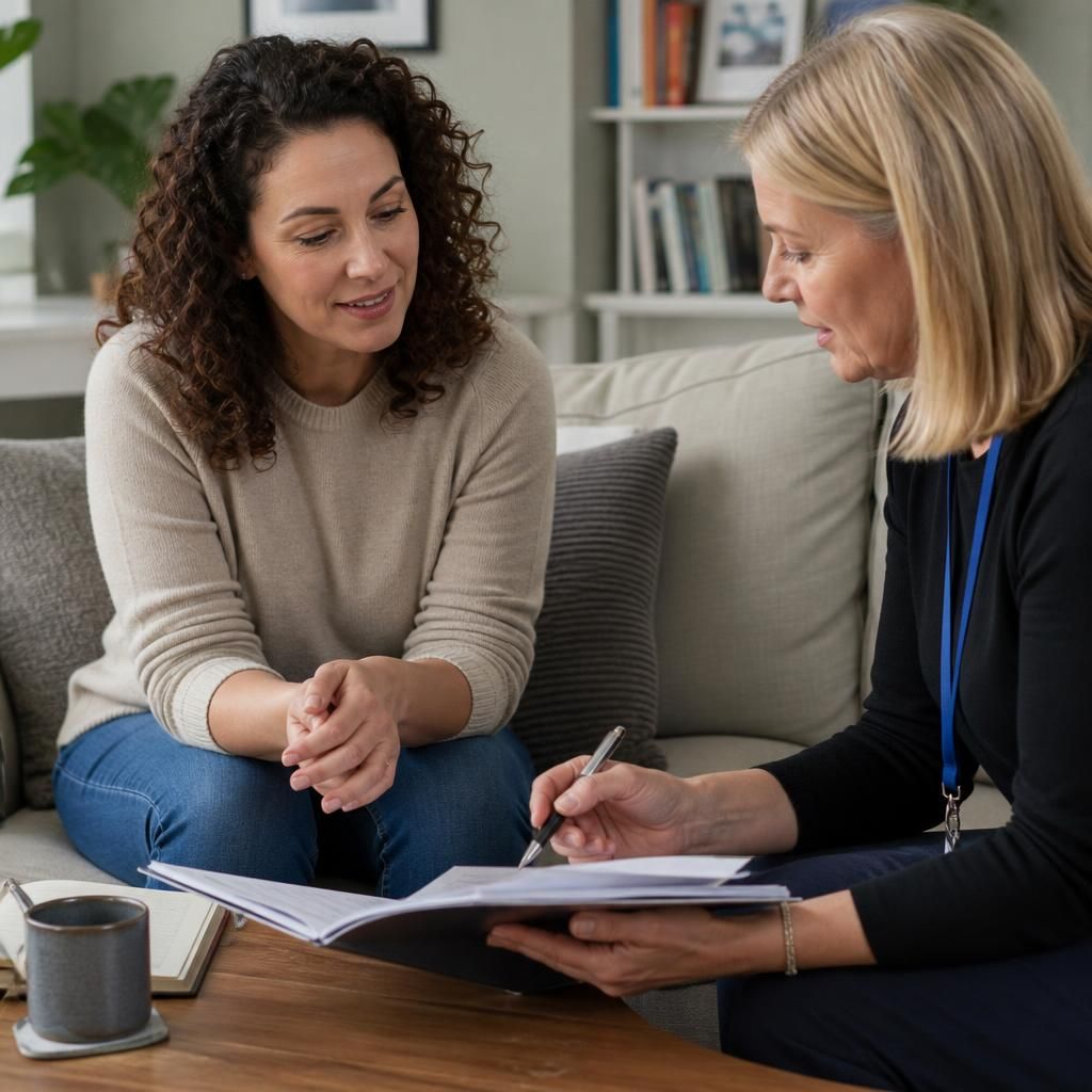Foster carer applicant discussing paperwork with a social worker at home