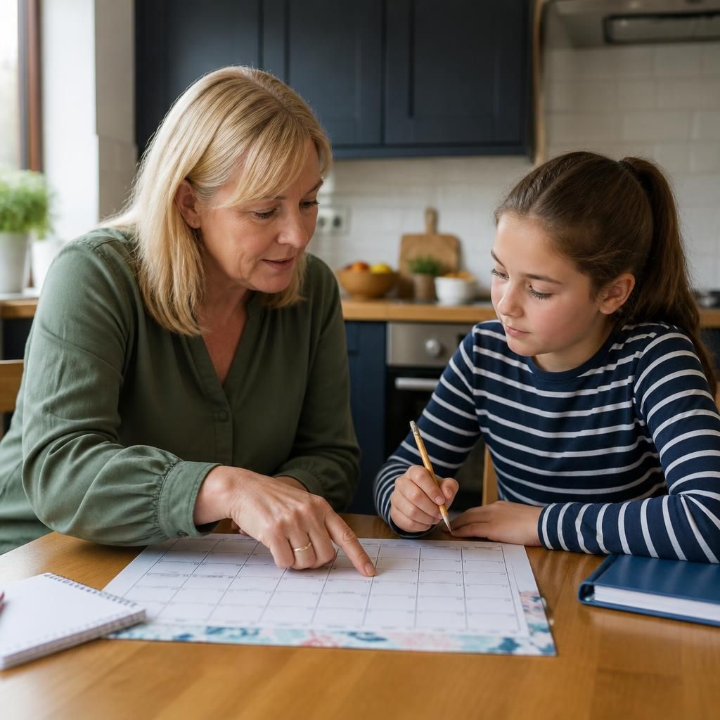 Carer and child reviewing a weekly family calendar at the kitchen table