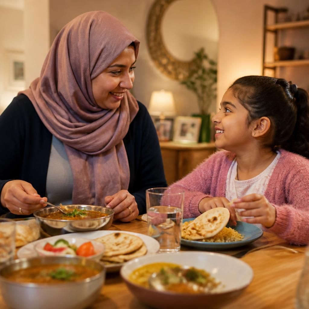 Foster carer and child sharing a culturally familiar meal at home